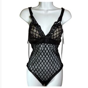Frederick's of Hollywood Black Lace Up Mesh Bodysuit Lingerie Ladies Medium
